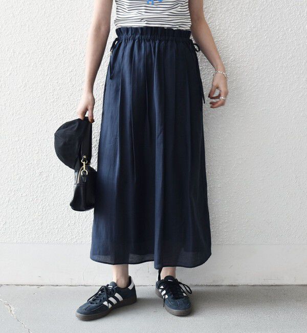 SHIPS any「SHIPS any:〈洗濯機可能〉リネン ミックス シアー ギャザー リボン スカート」|スカート|ネイビー