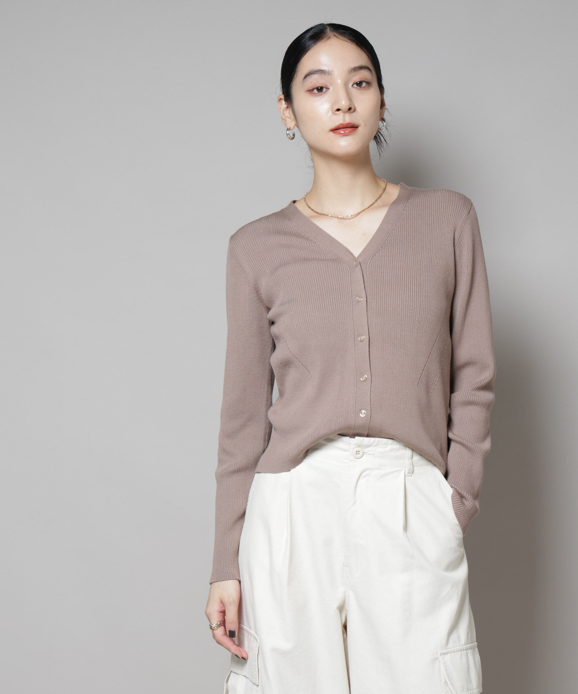 nano･universe「CICA&UVカット加工Vネックリブカーディガン」|ニット・セーター|モカ3