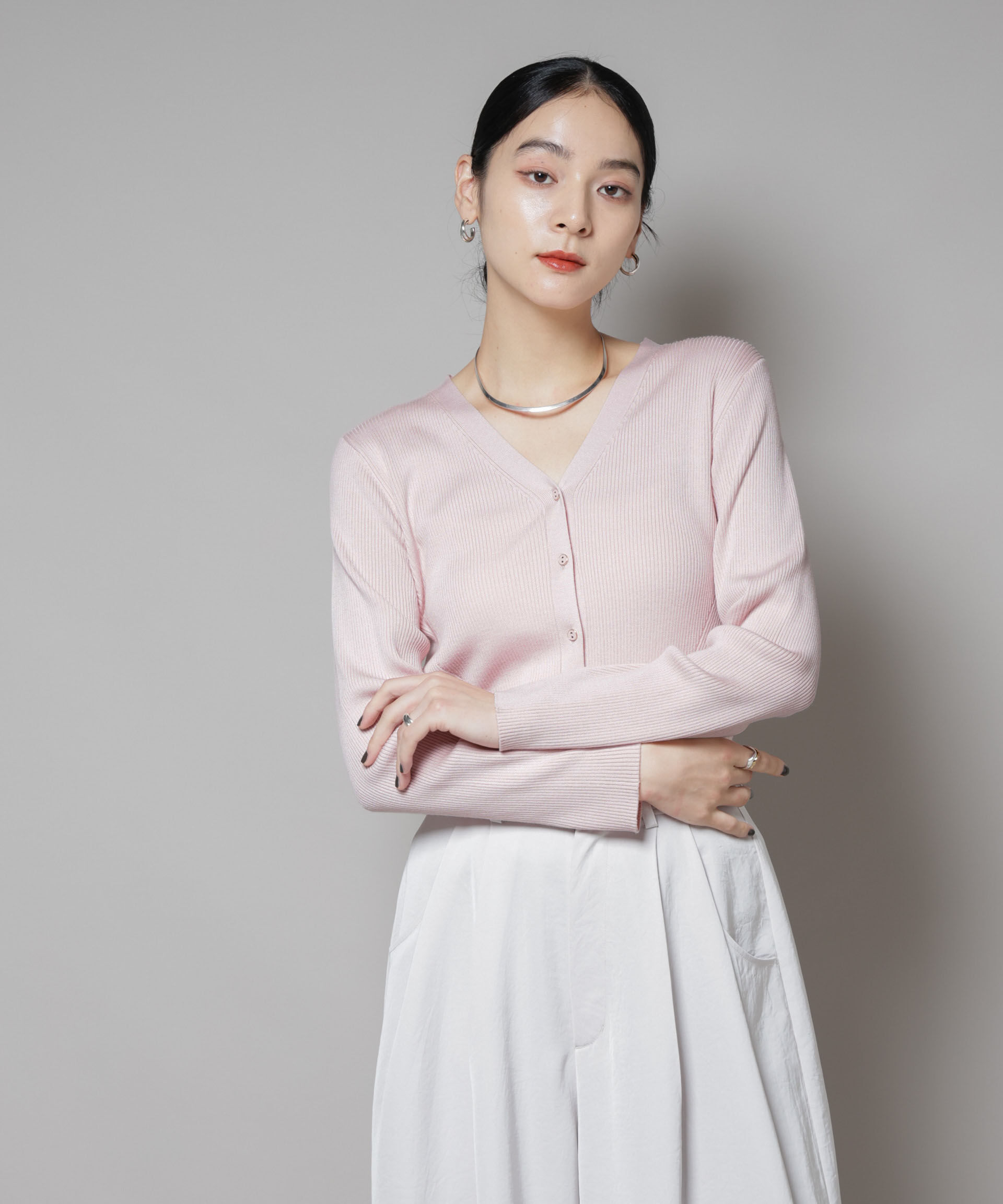 nano･universe「CICA&UVカット加工Vネックリブカーディガン」|ニット・セーター|ピンク