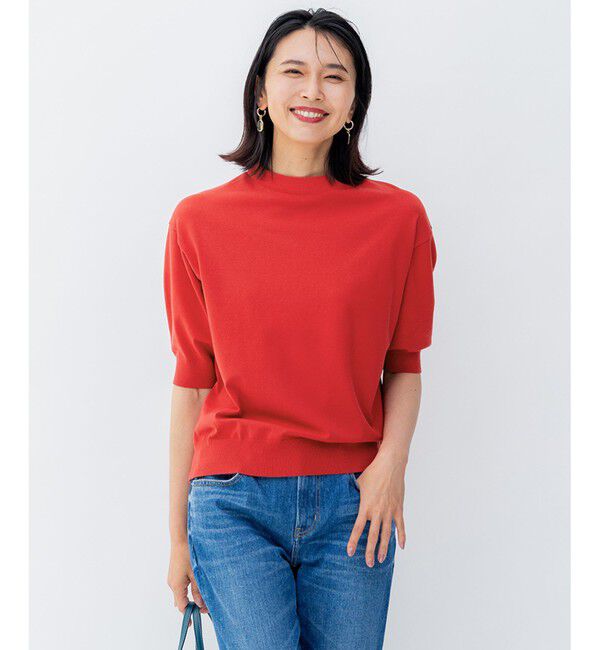 23区「【洗える/アンサンブル対応】ヴィスコースストレッチ 半袖 ニット」|カーディガン|レッド系