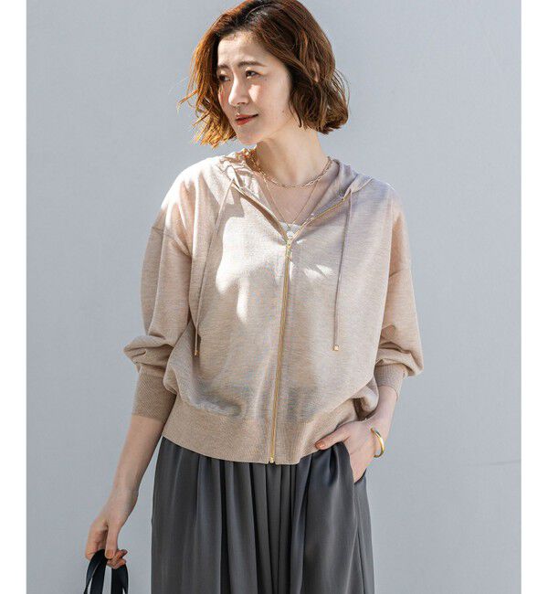 23区「シャイニーシアーニット ジップアップ パーカー」|パーカー|ベージュ系