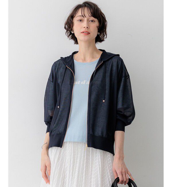 23区「シャイニーシアーニット ジップアップ パーカー」|パーカー|ネイビー系