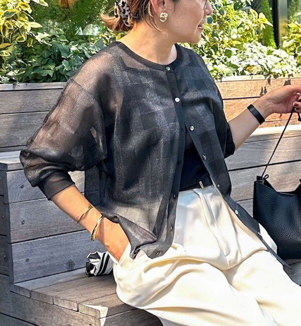 Rie Miller「《手洗い可能》シアーブロックチェック2WAYクルーネックカーディガン」|カーディガン|ブラック系その他