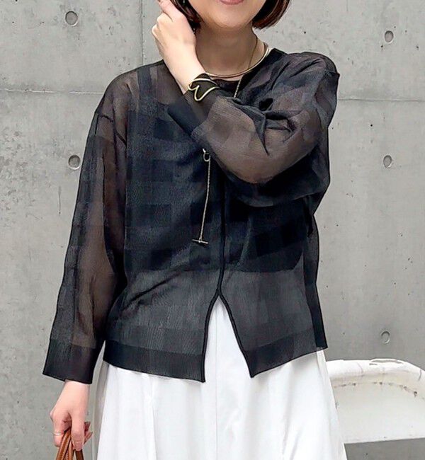 Rie Miller「《手洗い可能》シアーブロックチェック2WAYクルーネックカーディガン」|カーディガン|