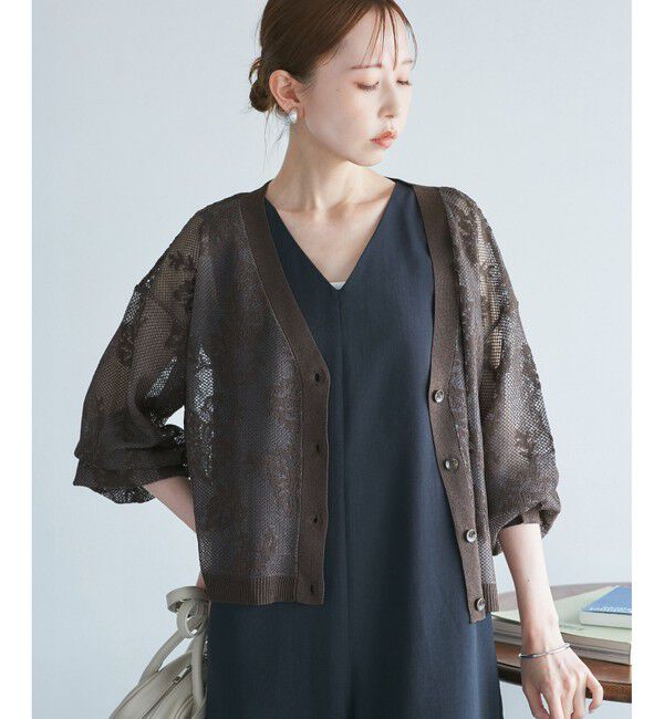 Rope&rsquo;Picnic「透かし編み花柄Vネックカーディガン」|カーディガン|