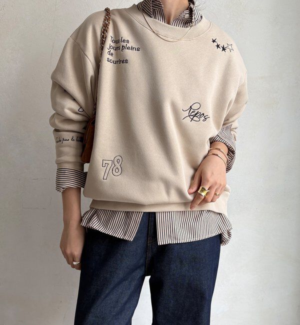  「【WEB限定】裏毛裏起毛ランダム刺繍ロゴトップス」|Tシャツ・カットソー|ベージュ