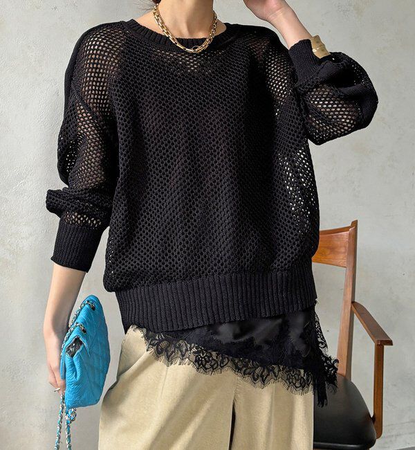  「【WEB限定】メッシュ編みワイドプルオーバー」|ニット・セーター|ブラック