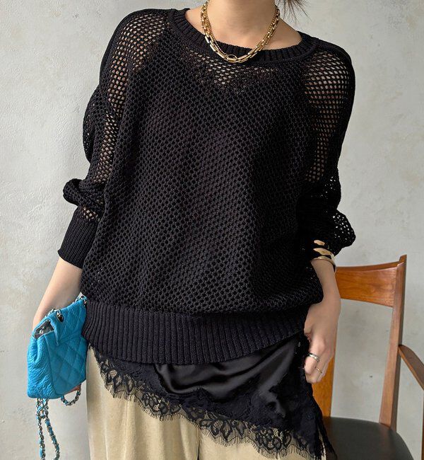  「【WEB限定】メッシュ編みワイドプルオーバー」|ニット・セーター|