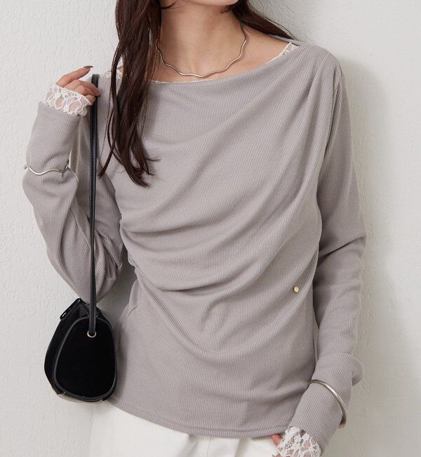  「チャーム付きオフショルリブロングTシャツ」|Tシャツ・カットソー|グレー
