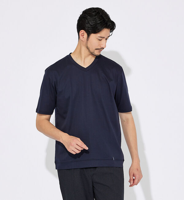 ABAHOUSE「【コットンシルケット】ポンチ Vネック Tシャツ」|Tシャツ・カットソー|ダークネイビー