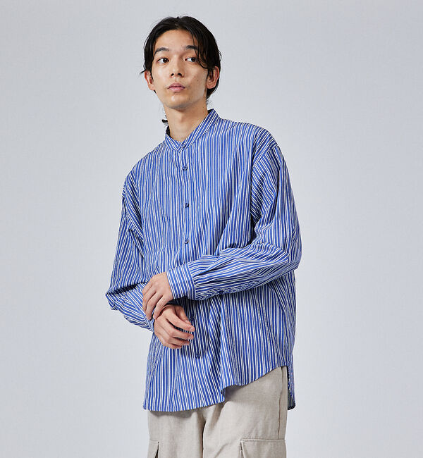 ABAHOUSE「【バイアスヨーク】ストライプ バンドカラーシャツ / オーバーサイズ」|シャツ・ブラウス|ネイビー