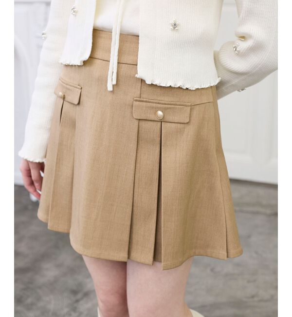  「ゴールドボタンプリーツミニスカパン」|スカート|キャメル
