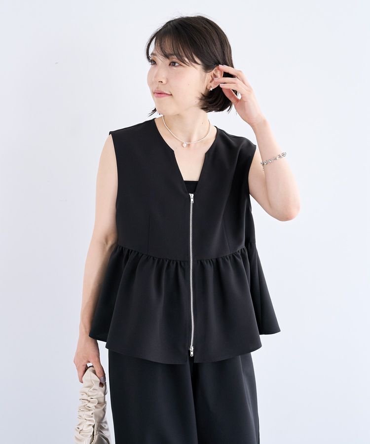 Green Parks「麻調ペプラムzipベスト」|ベスト・ジレ|