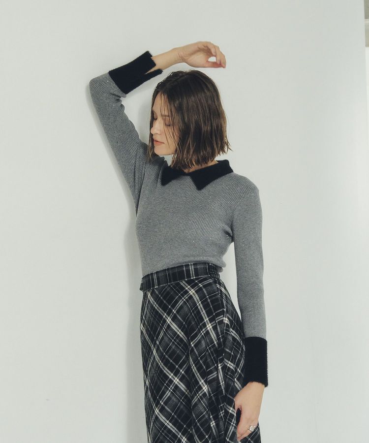 YECCA VECCA「フェザー襟スパンコールニット」|ニット・セーター|Gray