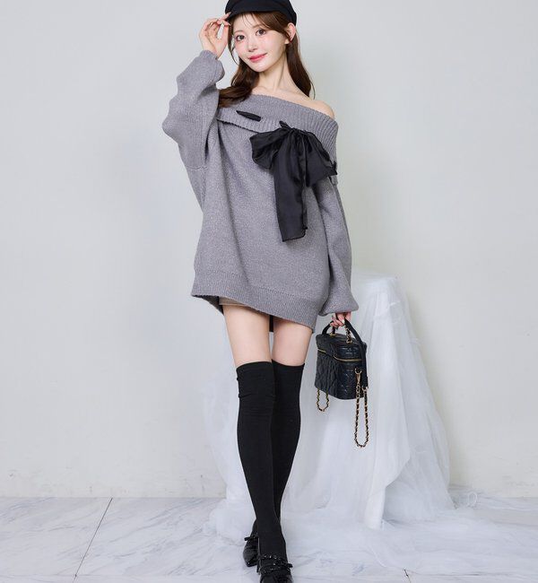  「リボン付きオフショルニットワンピ」|ワンピース|