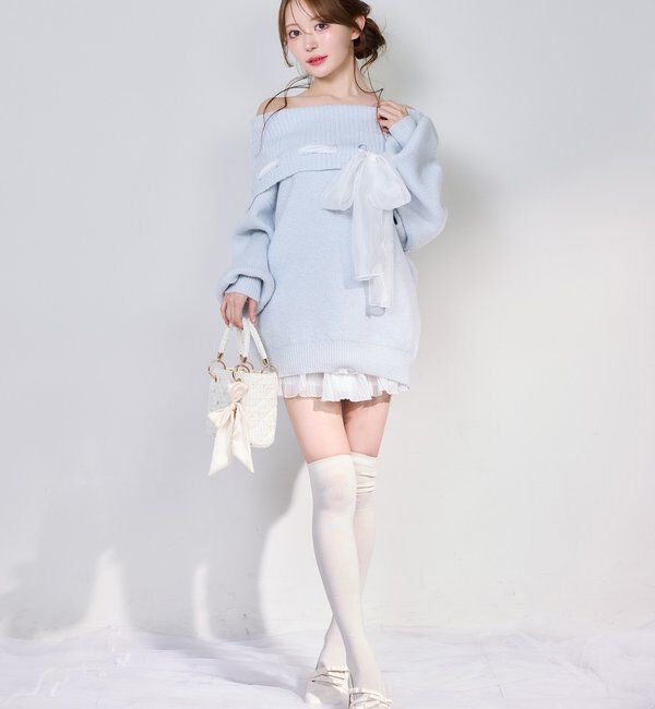  「リボン付きオフショルニットワンピ」|ワンピース|