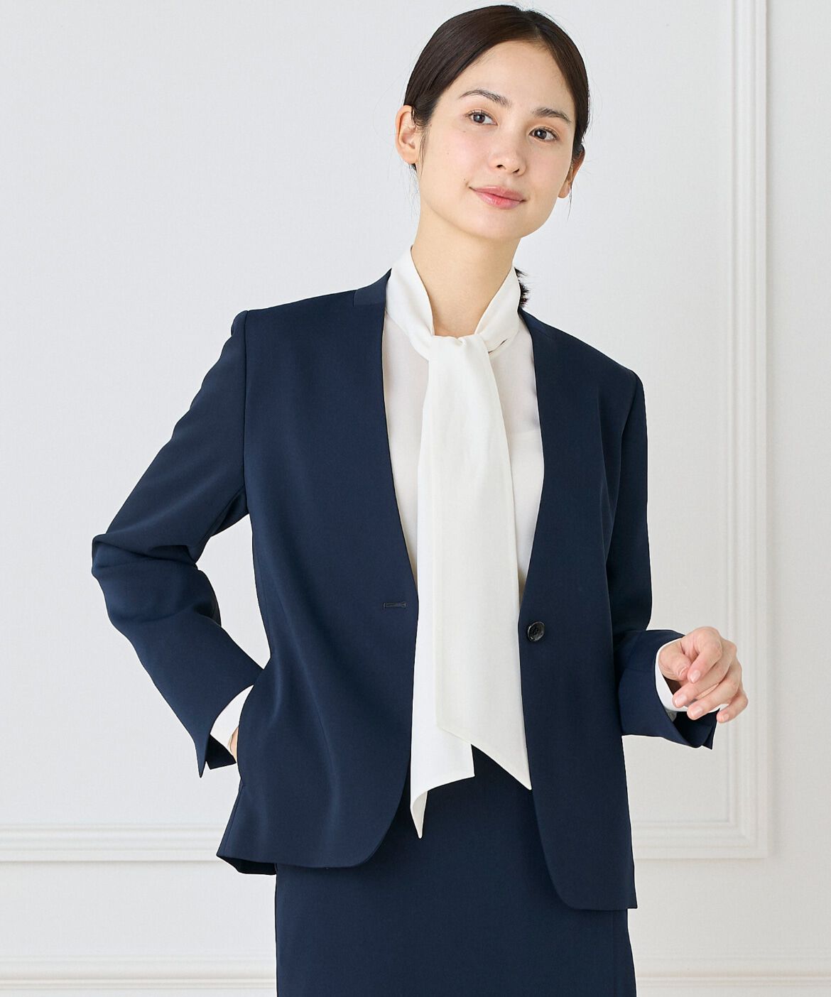 INED「《大きいサイズ》カラーレスジャケット」|ノーカラージャケット|ネイビー