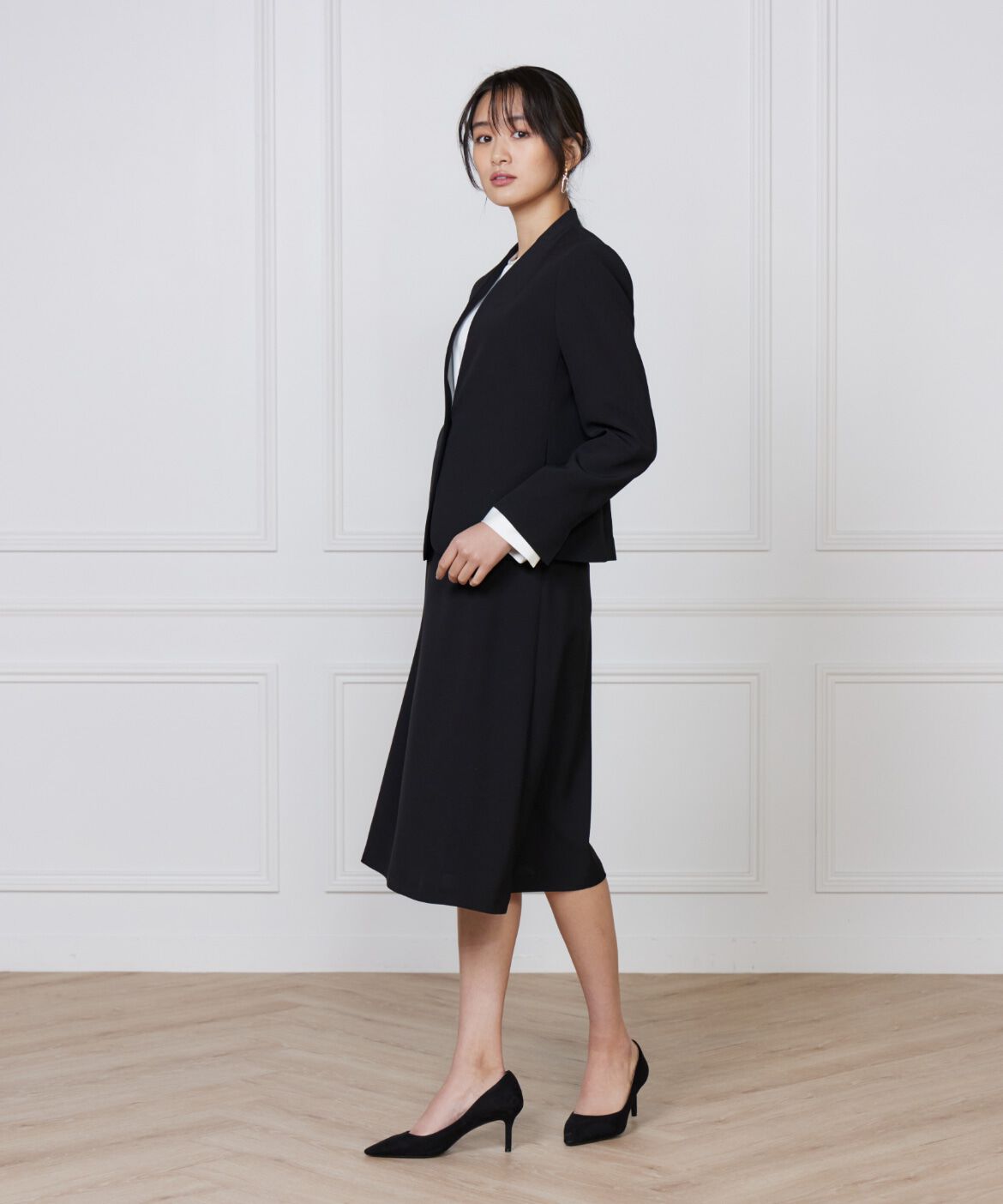 INED「《大きいサイズ》カラーレスジャケット」|ノーカラージャケット|