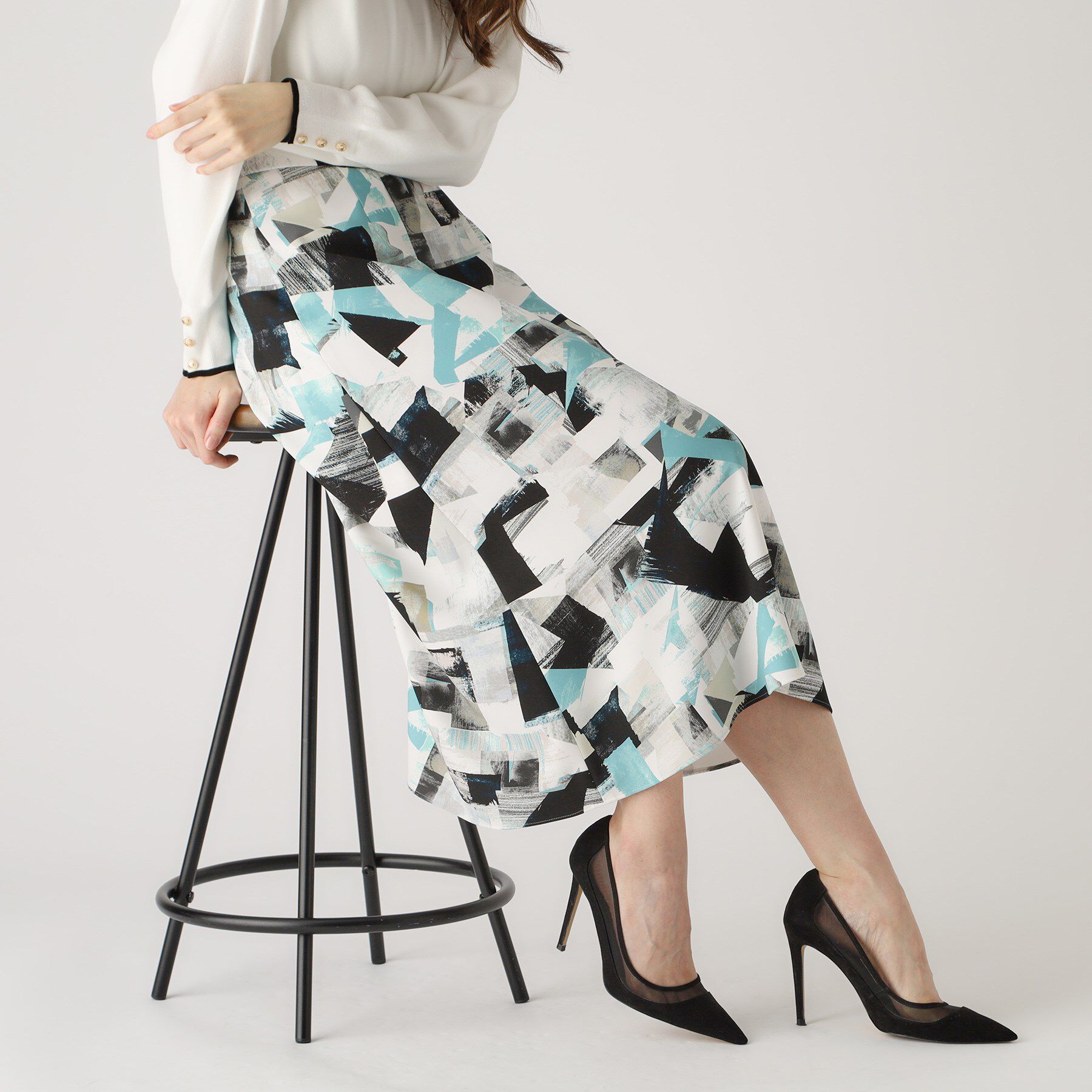 COUP DE CHANCE「【洗える／日本製】幾何学柄フレアスカート」|スカート|ブルー(191)