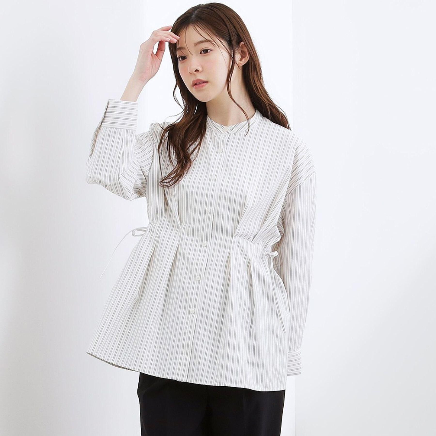 grove「【体型カバー】ウエストタック スタンドネックシャツ」|シャツ・ブラウス|ベージュストライプ(