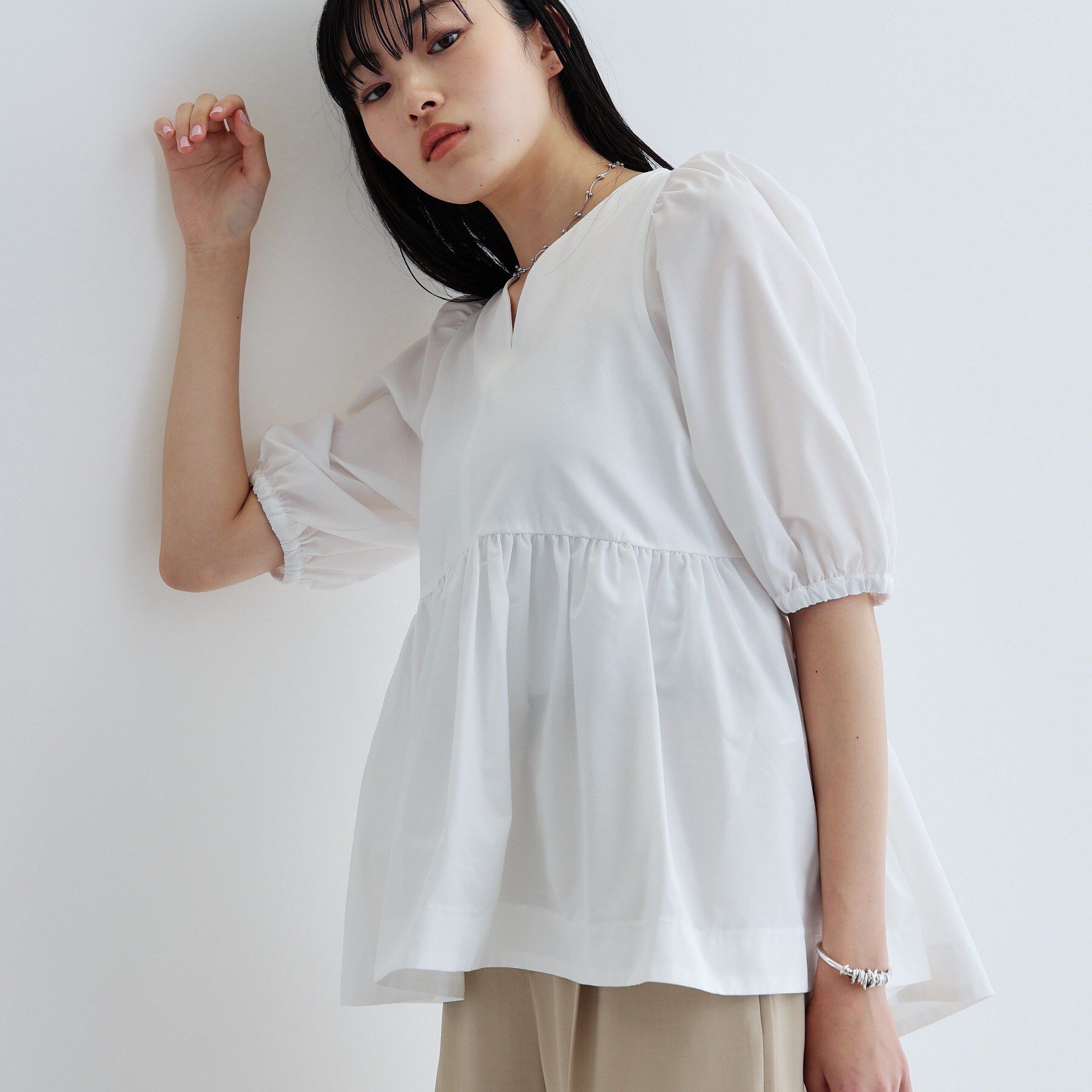 GALLEST「ハートネックペプラムカットソー」|Tシャツ・カットソー|ホワイト(001)