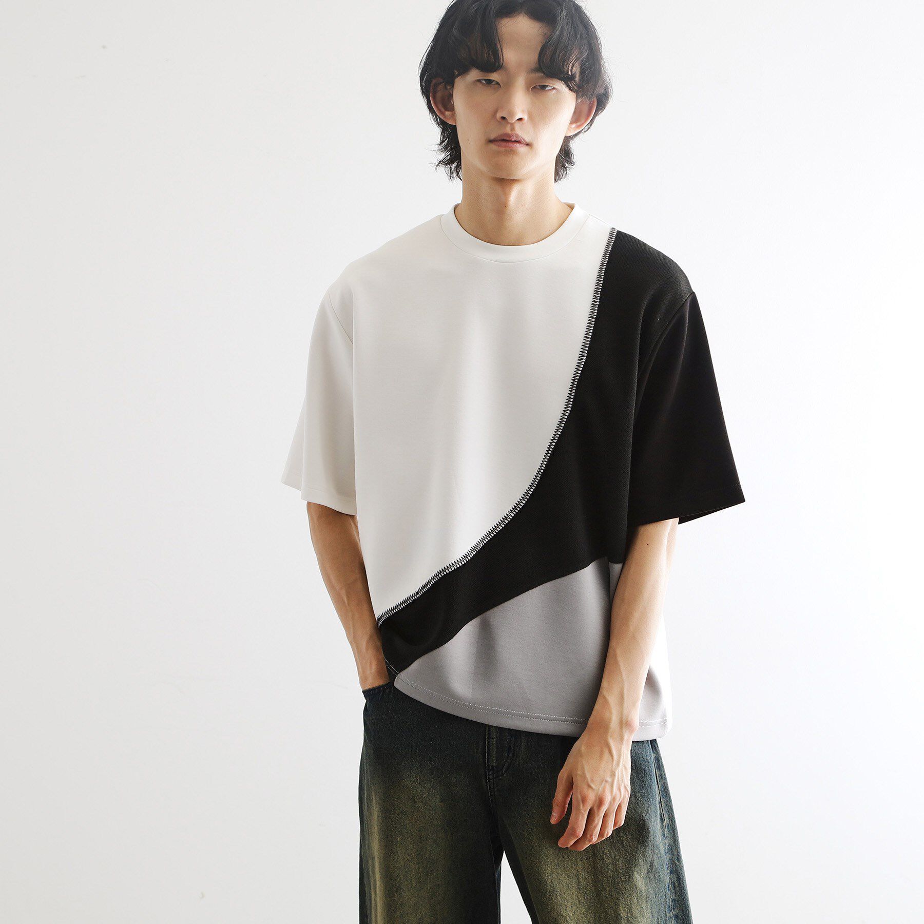 tk.TAKEO KIKUCHI「ニットドッキングカーブスイッチカットソー」|Tシャツ・カットソー|