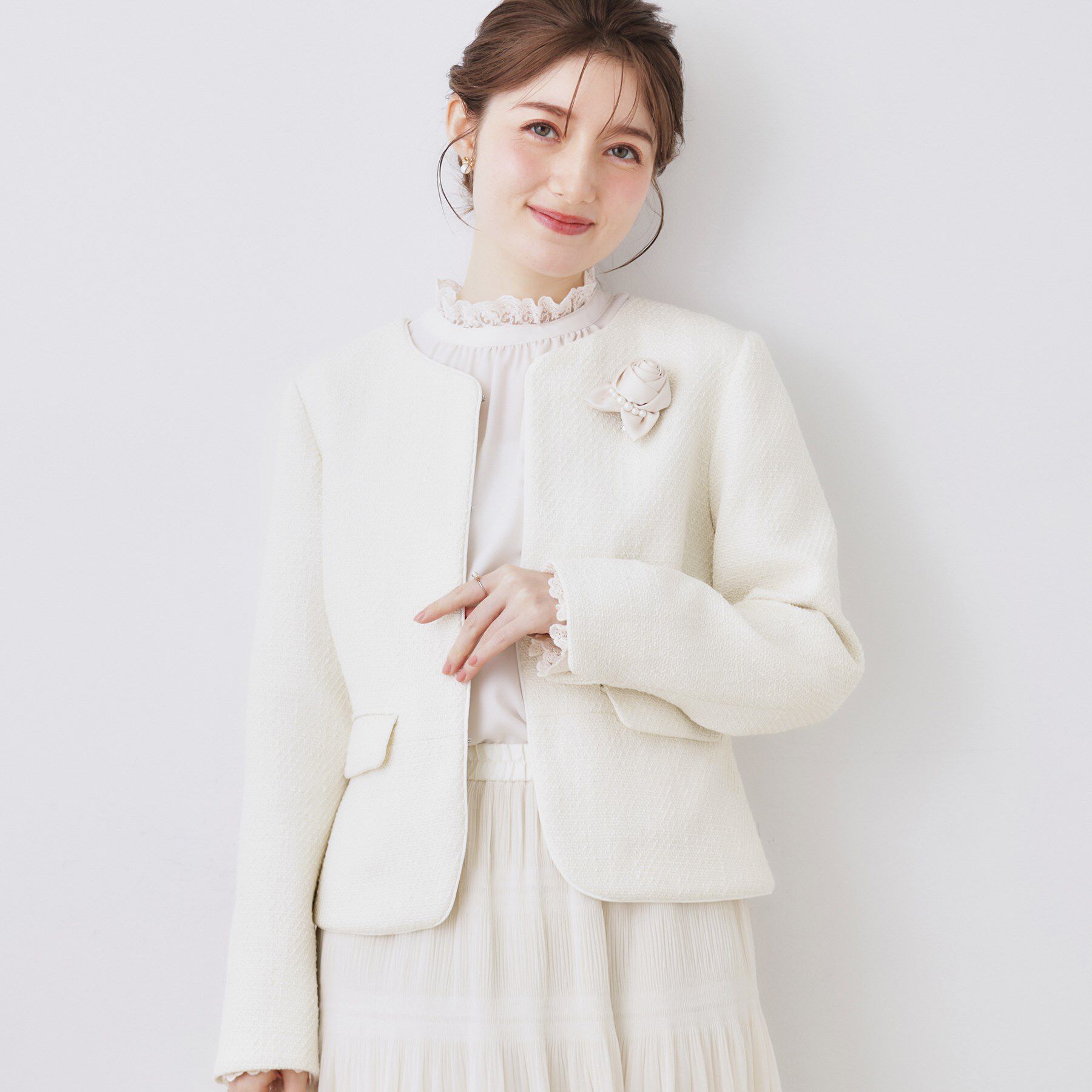 Couture broach「【ハレの日・通勤】カルゼスラブツイードジャケット」|ノーカラージャケット|