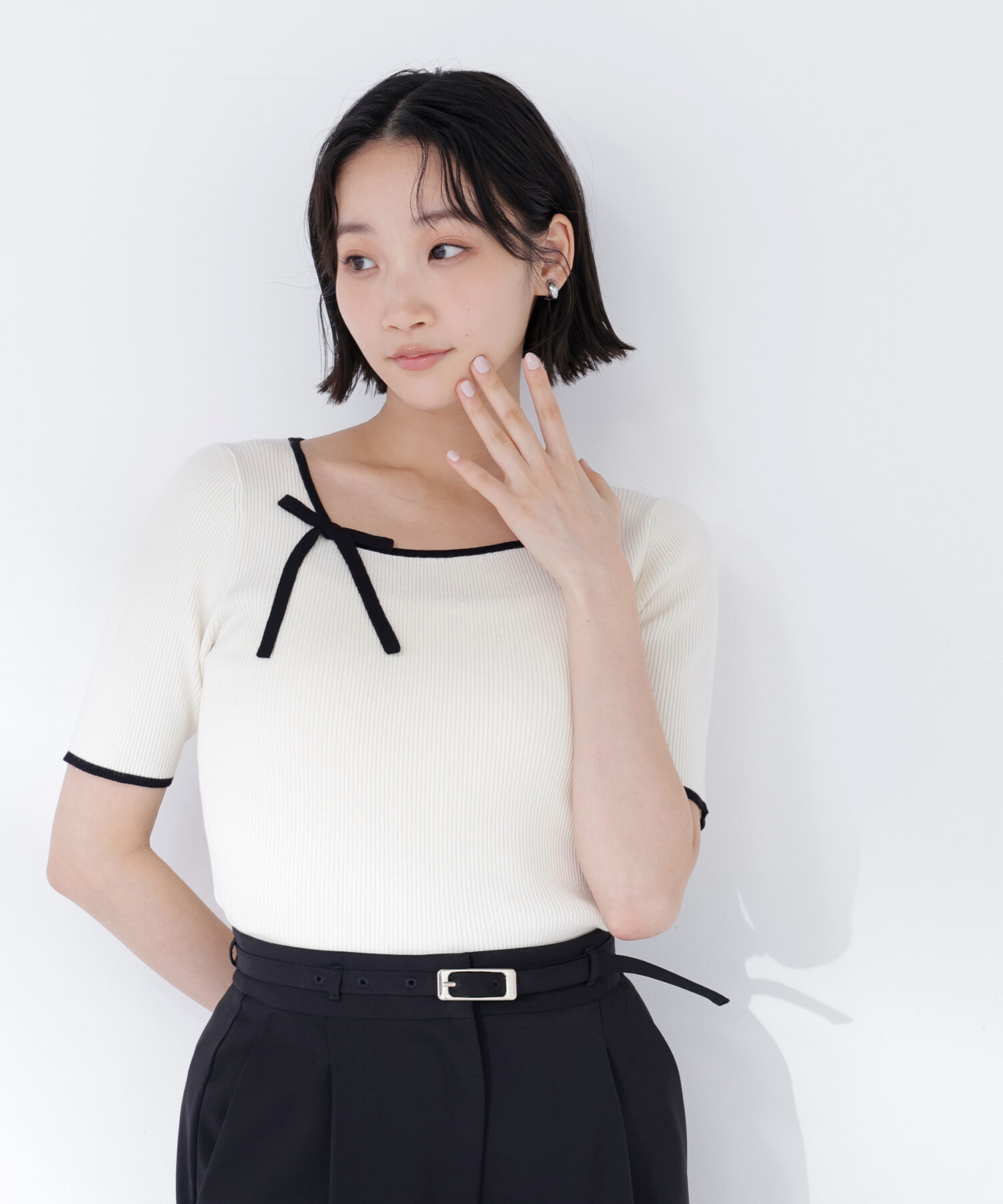  「リボンパイピングニット」|ニット・セーター|オフ系2