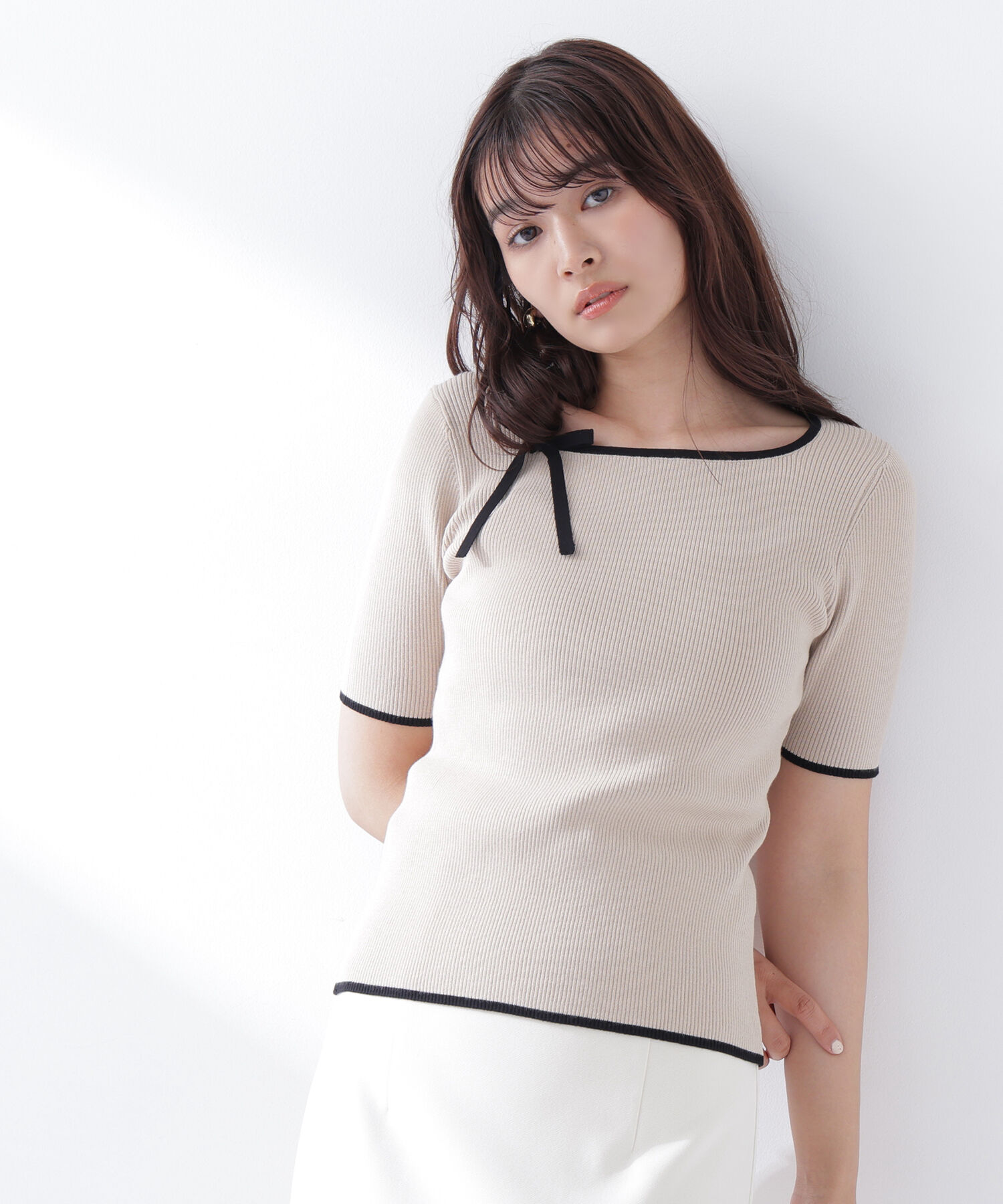  「リボンパイピングニット」|ニット・セーター|ベージュ系2