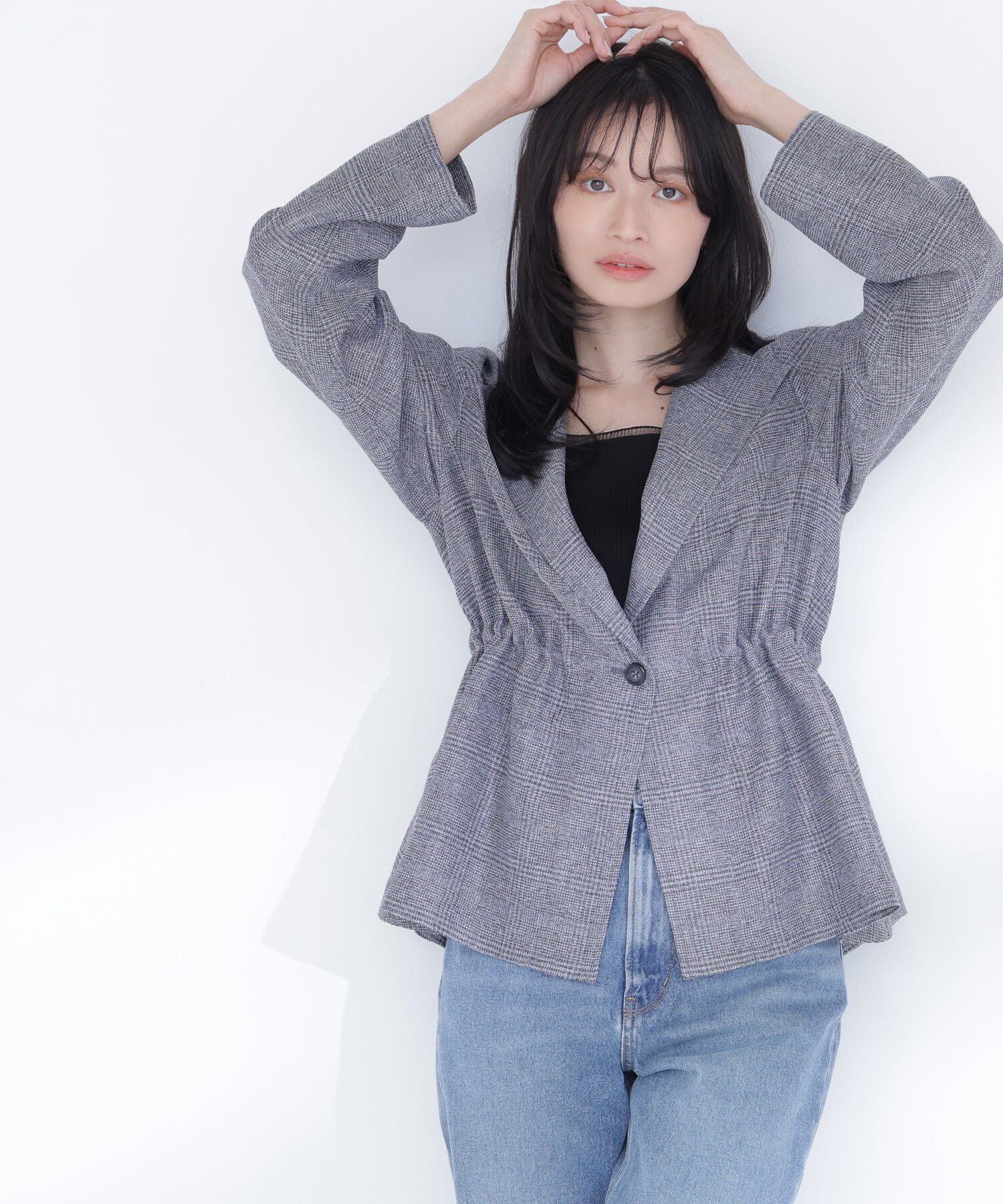  「ドロストシャドーチェックジャケット」|ブルゾン・スタジャン|グレー系2