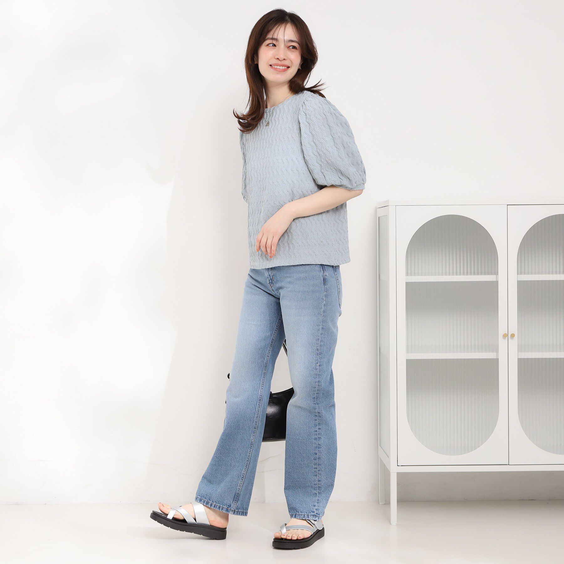 SHOO･LA･RUE「【洗濯機可/S-LL】ウェーブ柄ジャカード パフスリーブトップス」|Tシャツ・カットソー|