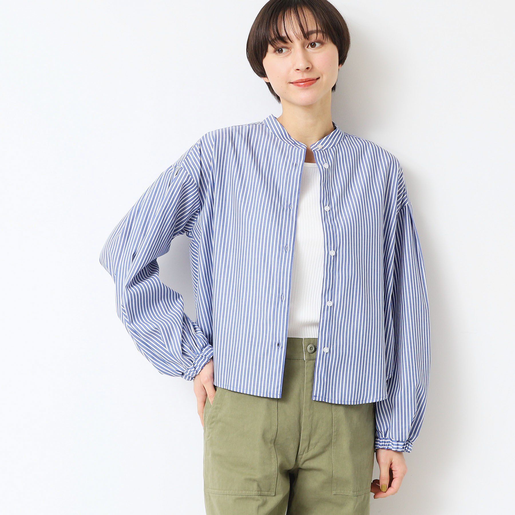 Dessin「【洗える】バンドカラーストライプシャツ（XS～L）」|シャツ・ブラウス|ネイビー(396)
