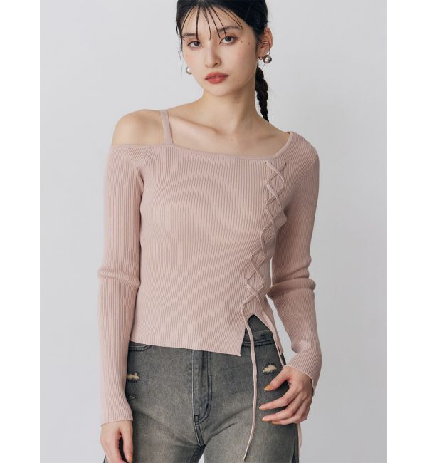 MURUA「ワンショルダーレースアップニット」|ニット・セーター|ピンク