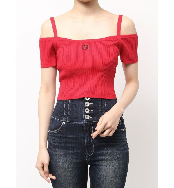 GYDA「SymmetryGYDA オフショルストラップハーフスリーブニットトップス」|ニット・セーター|レッド