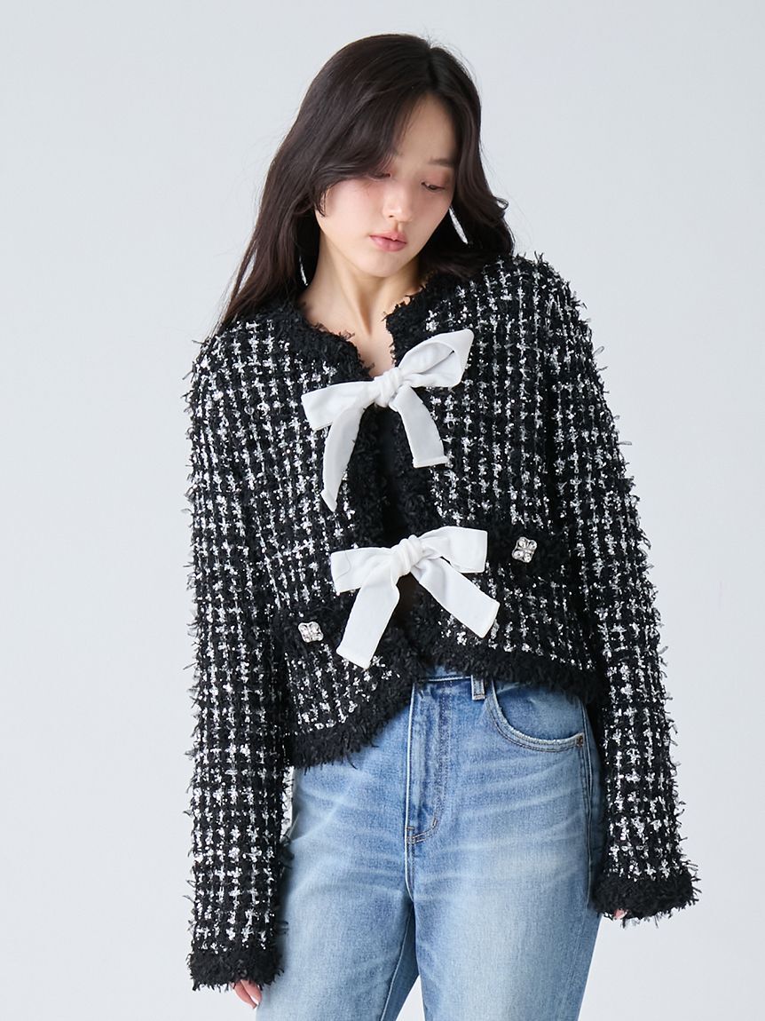 LILY BROWN「[L.B CANDY STOCK]ラメリボンニットジャケット」|ノーカラージャケット|