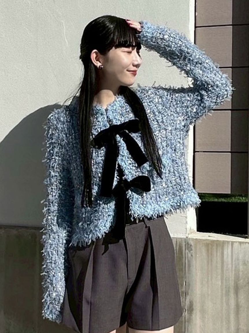 LILY BROWN「[L.B CANDY STOCK]ラメリボンニットジャケット」|ノーカラージャケット|