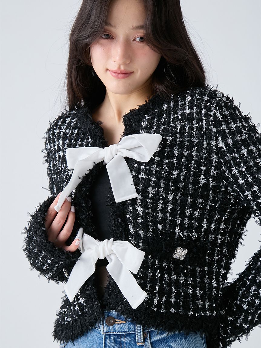 LILY BROWN「[L.B CANDY STOCK]ラメリボンニットジャケット」|ノーカラージャケット|