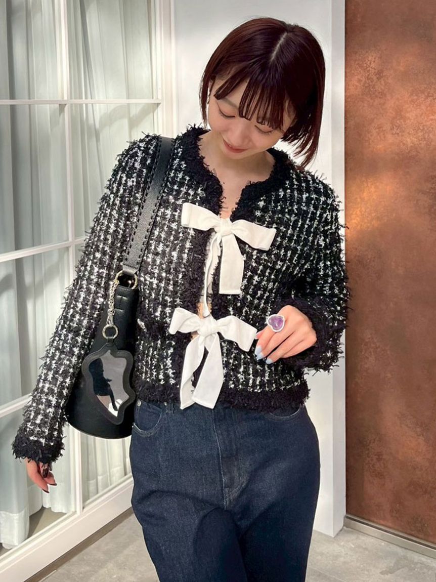 LILY BROWN「[L.B CANDY STOCK]ラメリボンニットジャケット」|ノーカラージャケット|BLK