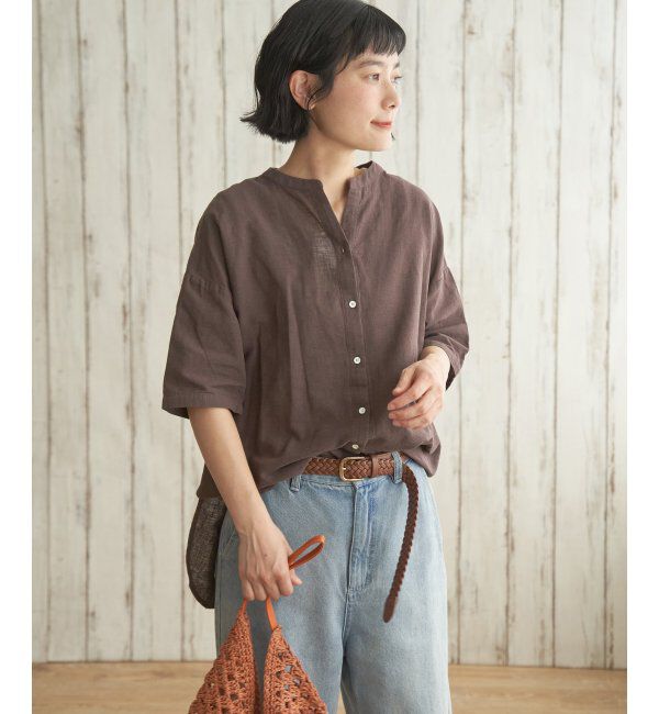 Lbc with Life「リネンコットン5分袖シャツ」|シャツ・ブラウス|ダークブラウン