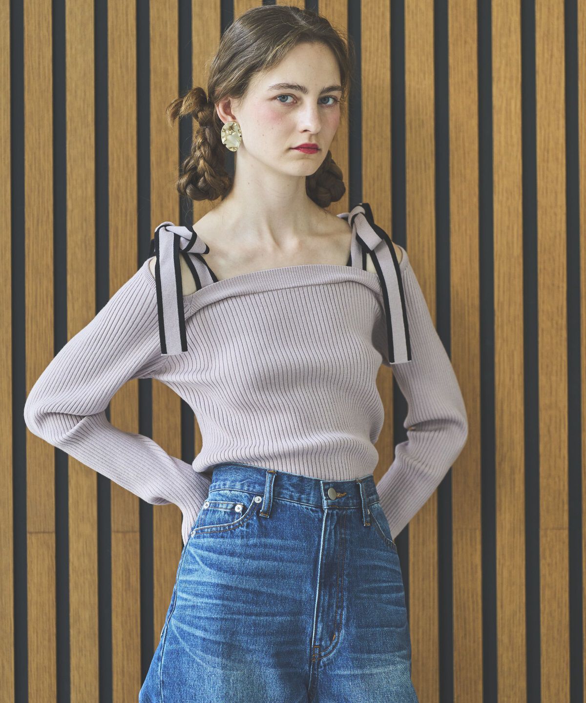 アンドクチュール「配色ショルダーリボンニットプルオーバー」|ニット・セーター|