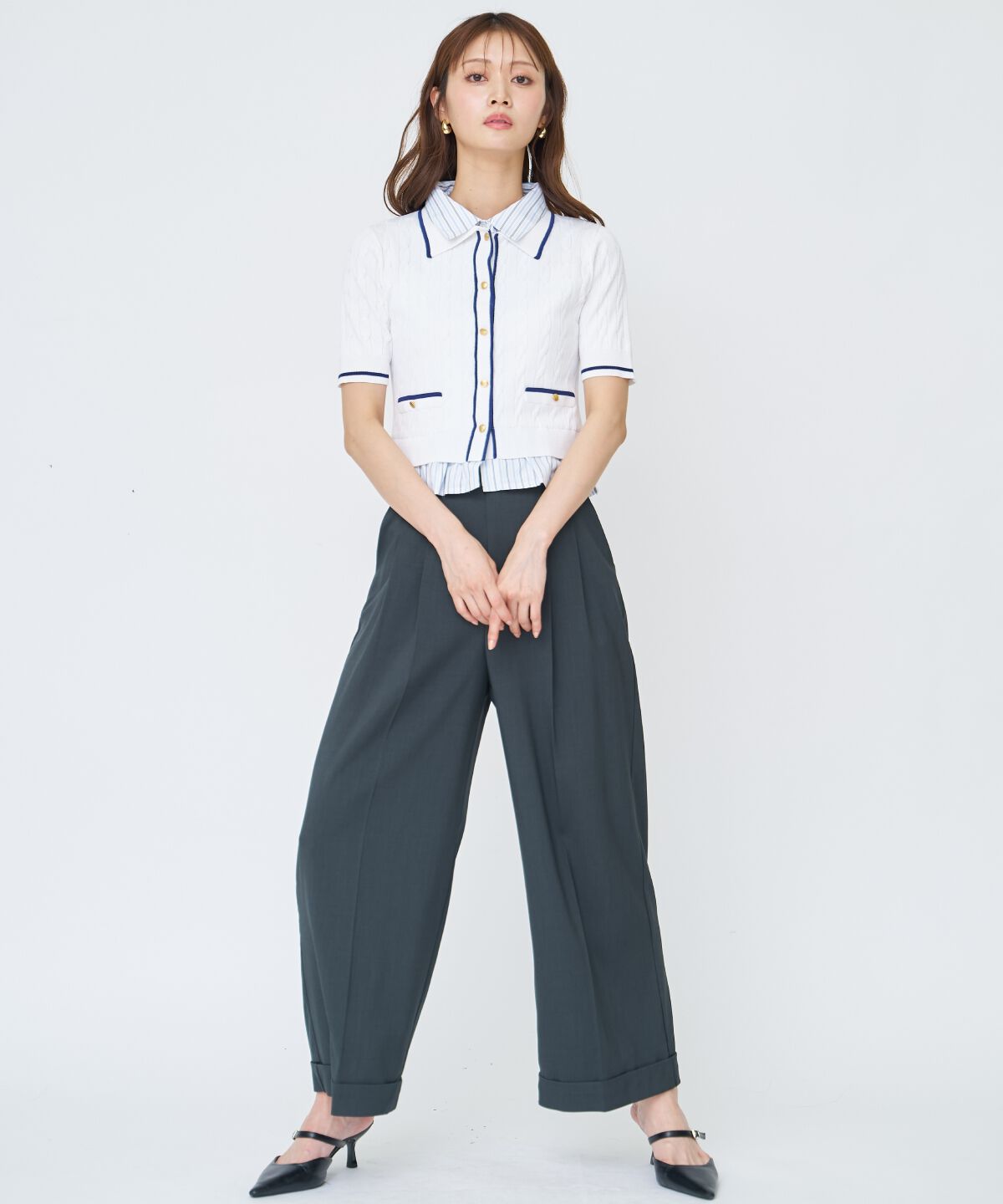 アンドクチュール「配色シャツ襟ペプラムニットプルオーバー」|ニット・セーター|