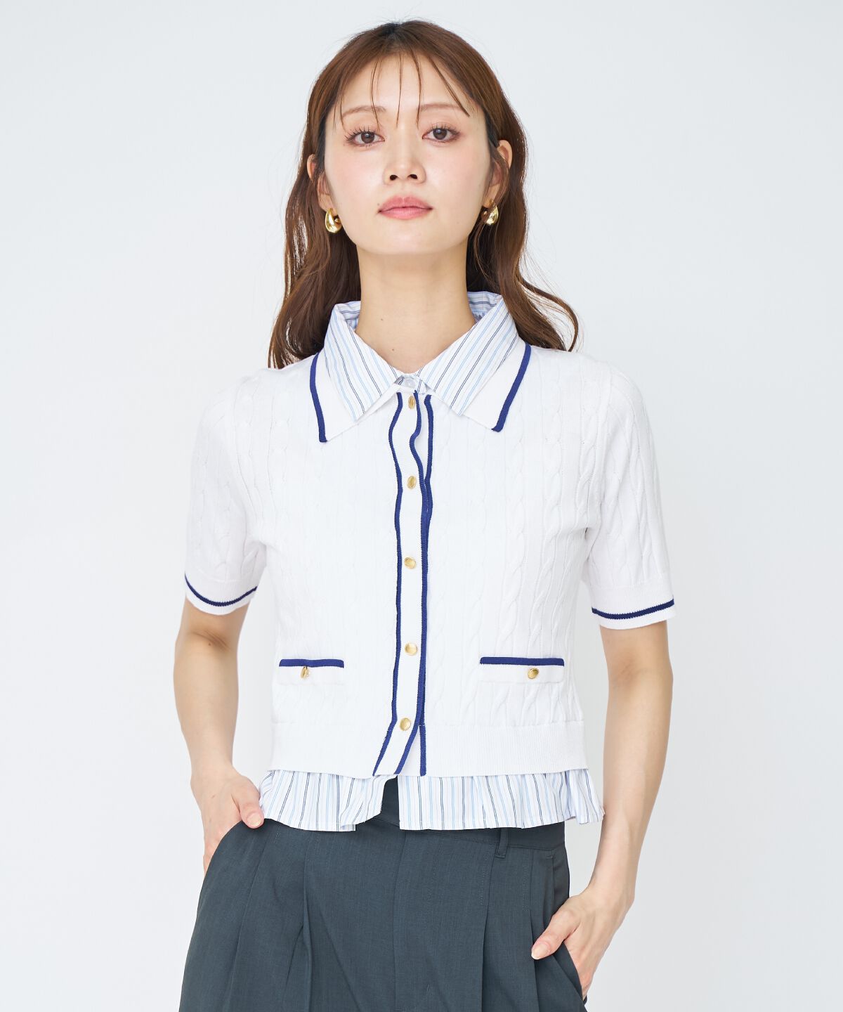 アンドクチュール「配色シャツ襟ペプラムニットプルオーバー」|ニット・セーター|