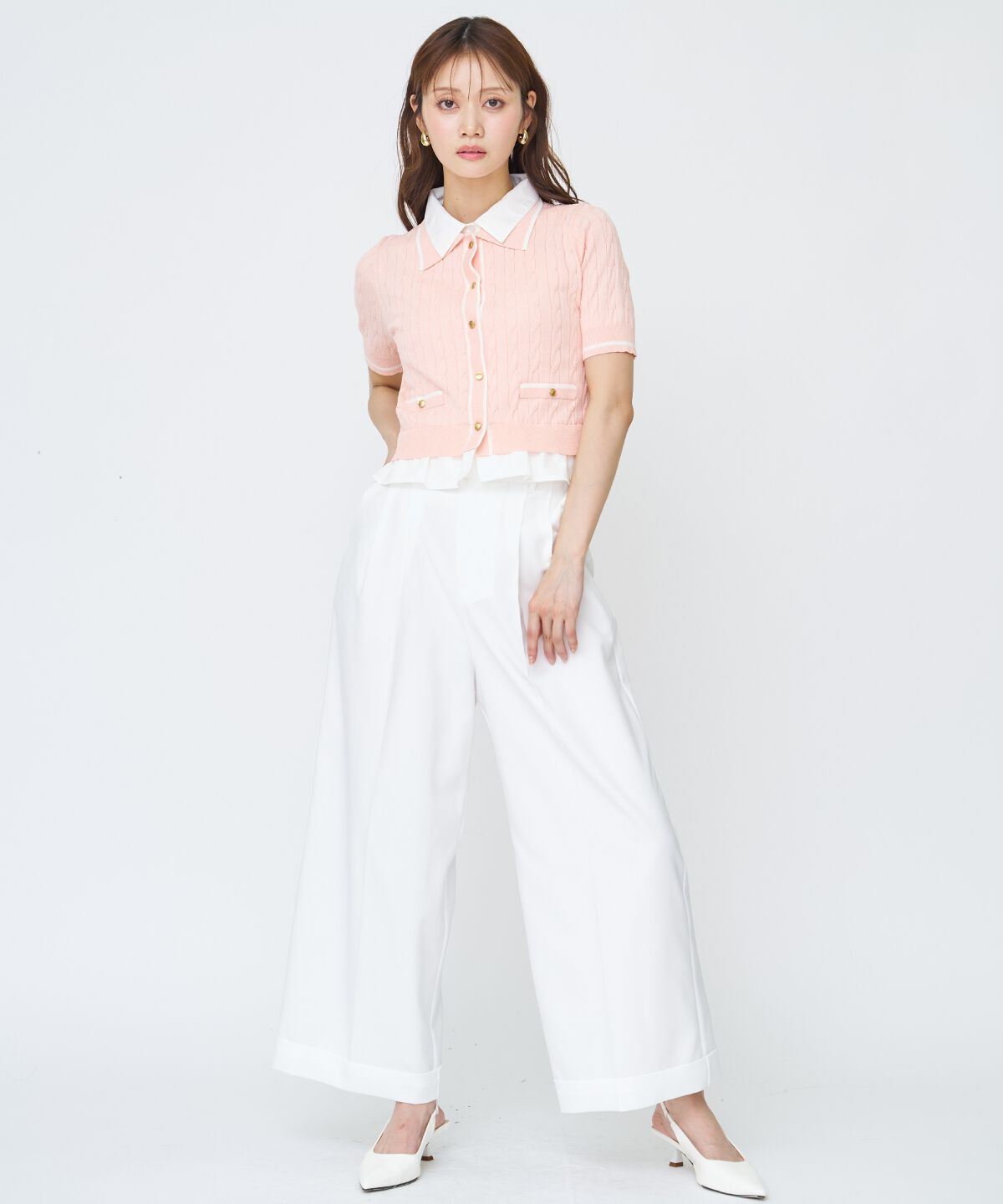 アンドクチュール「配色シャツ襟ペプラムニットプルオーバー」|ニット・セーター|