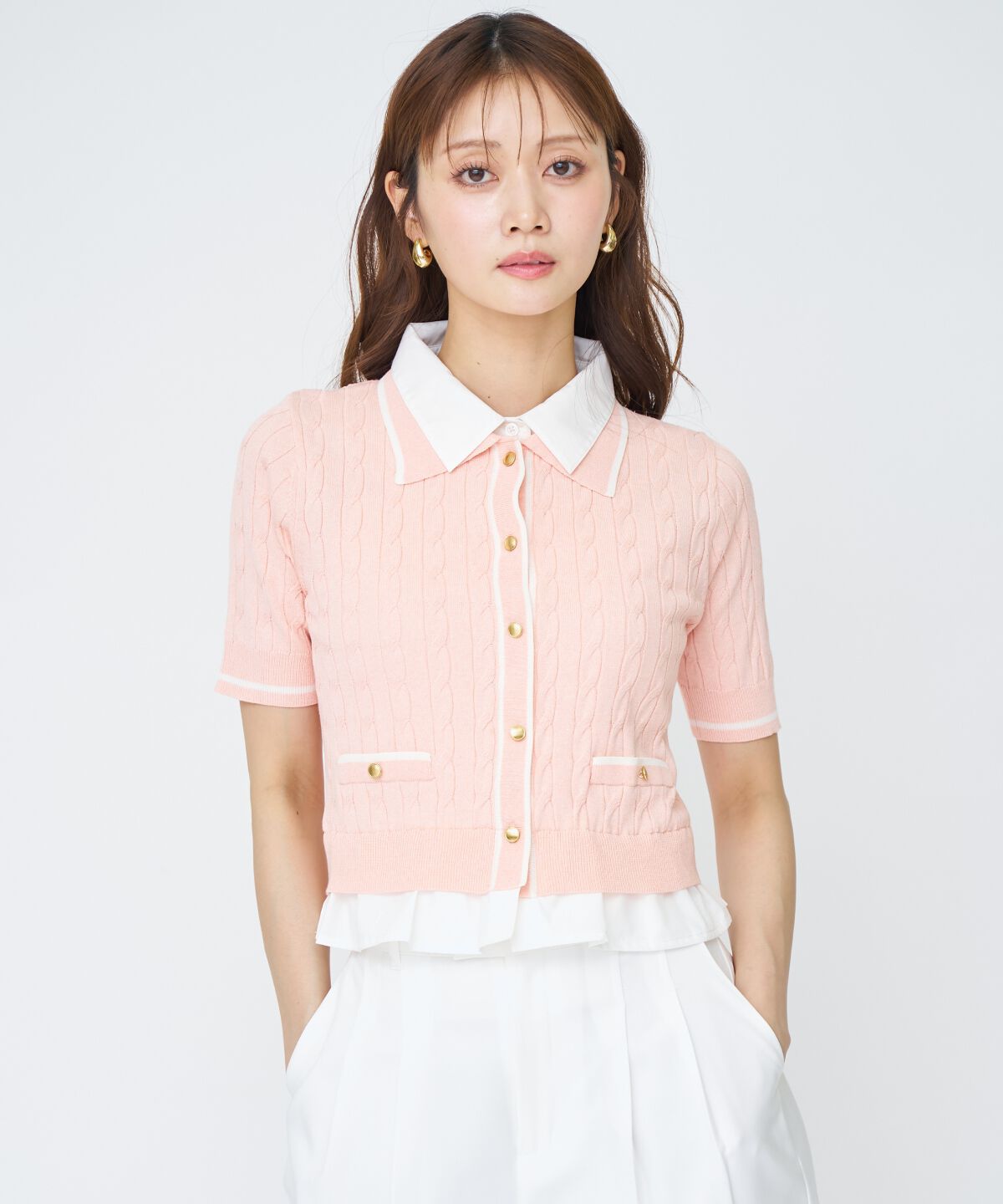 アンドクチュール「配色シャツ襟ペプラムニットプルオーバー」|ニット・セーター|