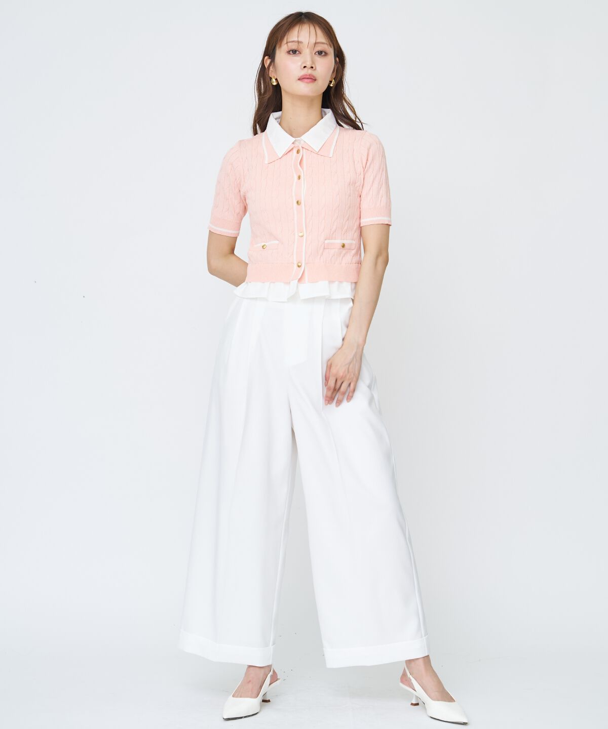 アンドクチュール「配色シャツ襟ペプラムニットプルオーバー」|ニット・セーター|