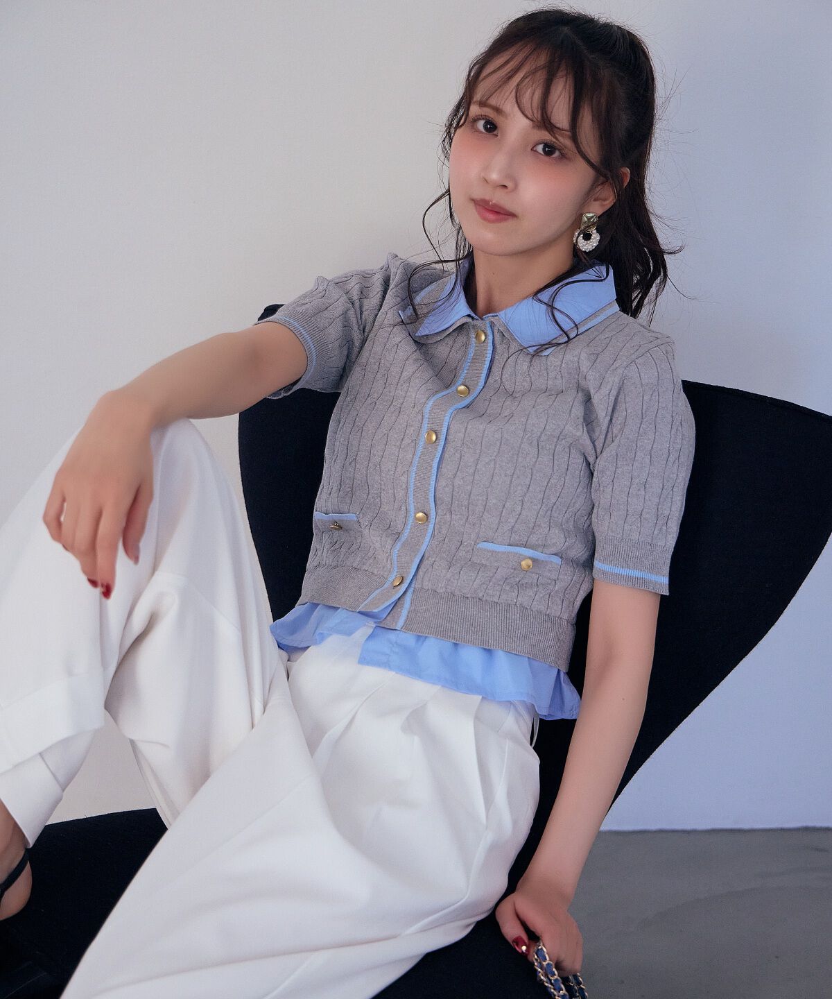 アンドクチュール「配色シャツ襟ペプラムニットプルオーバー」|ニット・セーター|