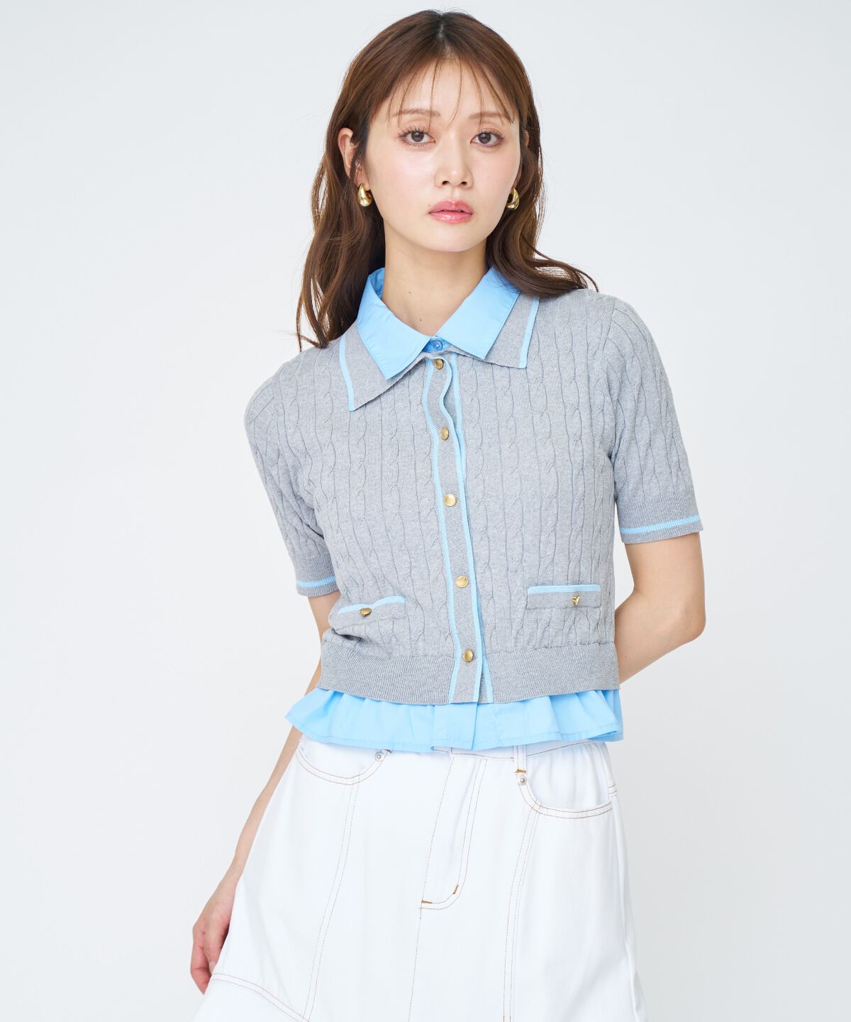 アンドクチュール「配色シャツ襟ペプラムニットプルオーバー」|ニット・セーター|