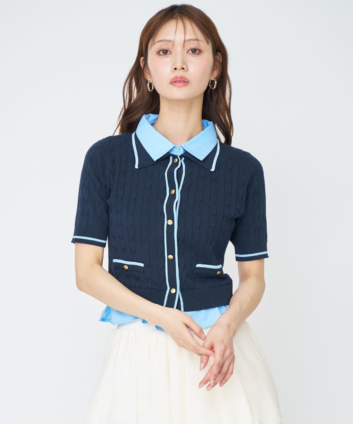 アンドクチュール「配色シャツ襟ペプラムニットプルオーバー」|ニット・セーター|ネイビー