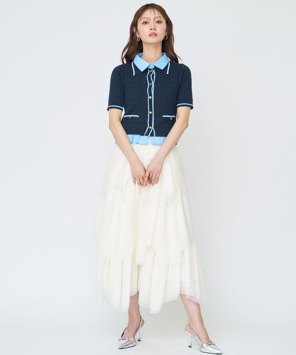 アンドクチュール「配色シャツ襟ペプラムニットプルオーバー」|ニット・セーター|