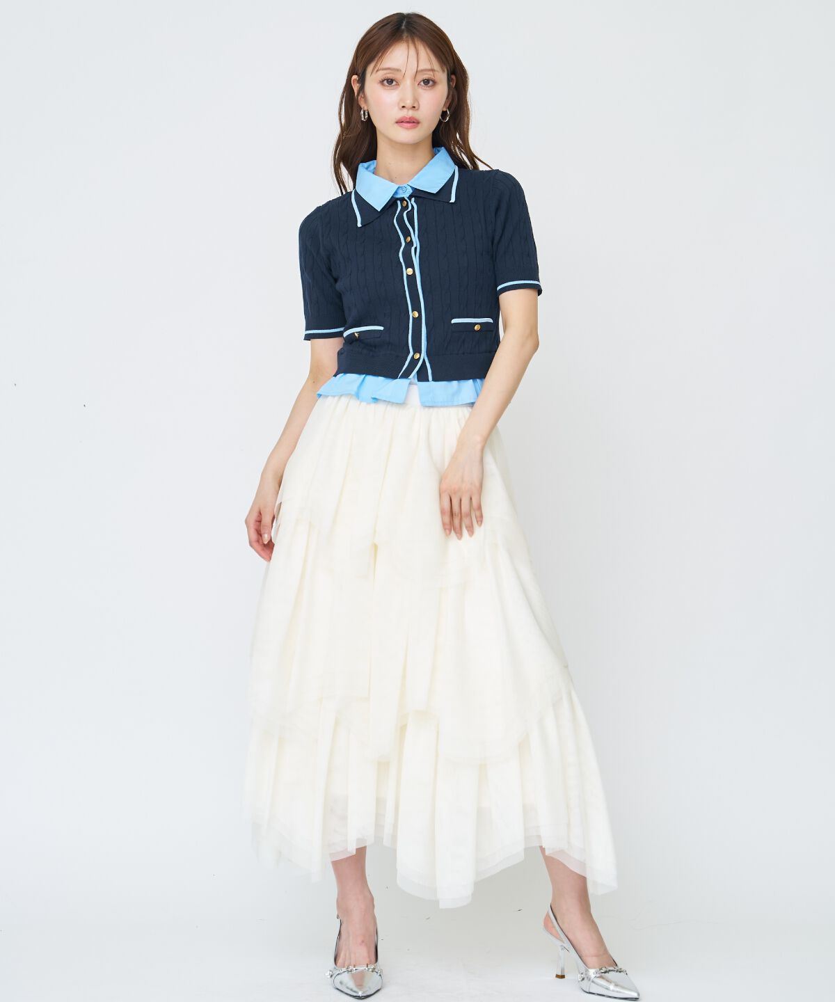 アンドクチュール「配色シャツ襟ペプラムニットプルオーバー」|ニット・セーター|